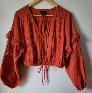 New HOUSE OF HARLOW 1960 Rust Cotton Button-Down Blouse with Pom-Pom Sleeves